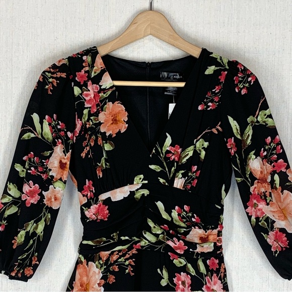Aqua~NWT~Womens 3/4 Sleeve Deep V-Neck Black Feminine Floral Mini Dress~Sz XS‎ - Picture 2 of 15
